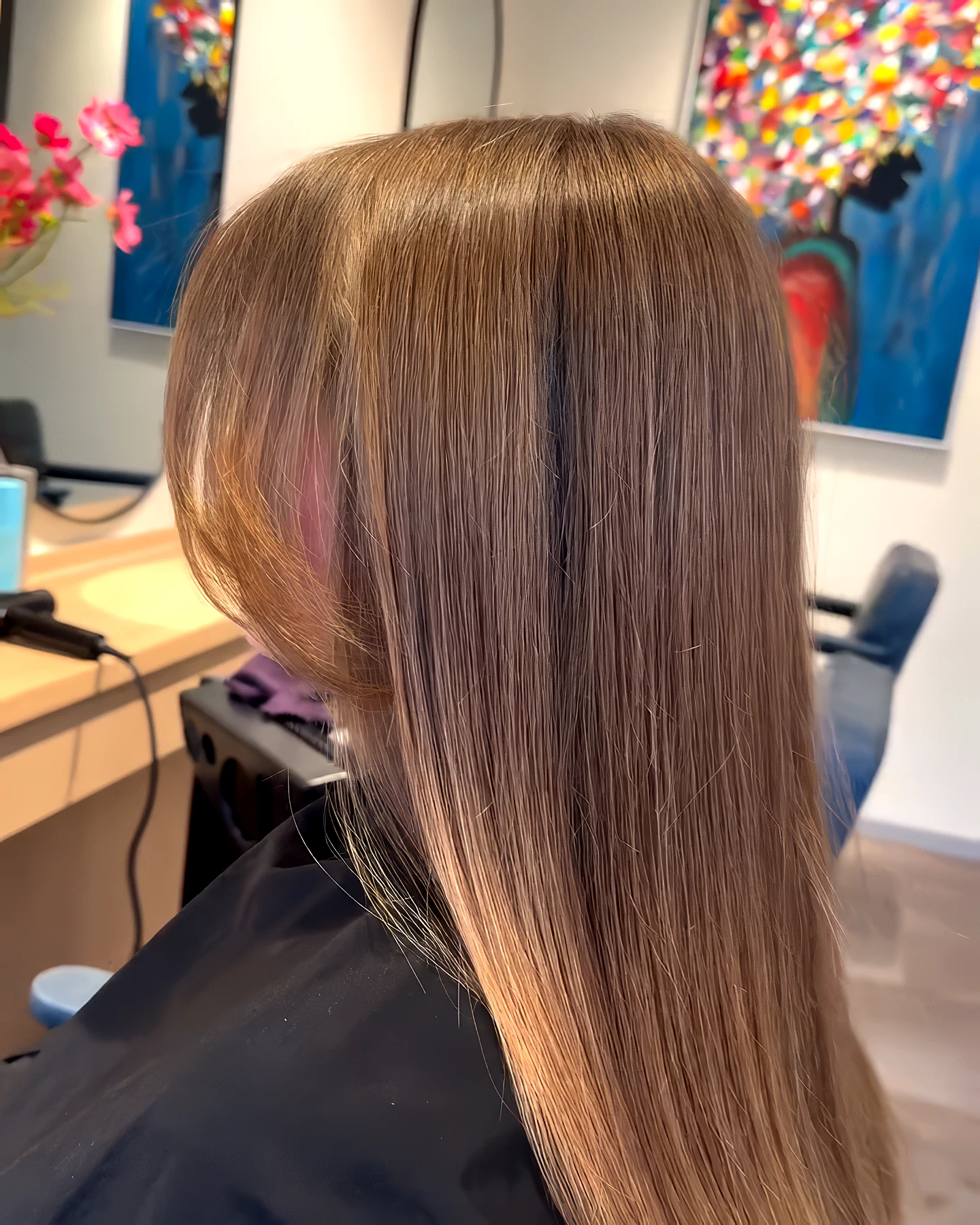 Sleek, glossy brown hair with lighter lengths